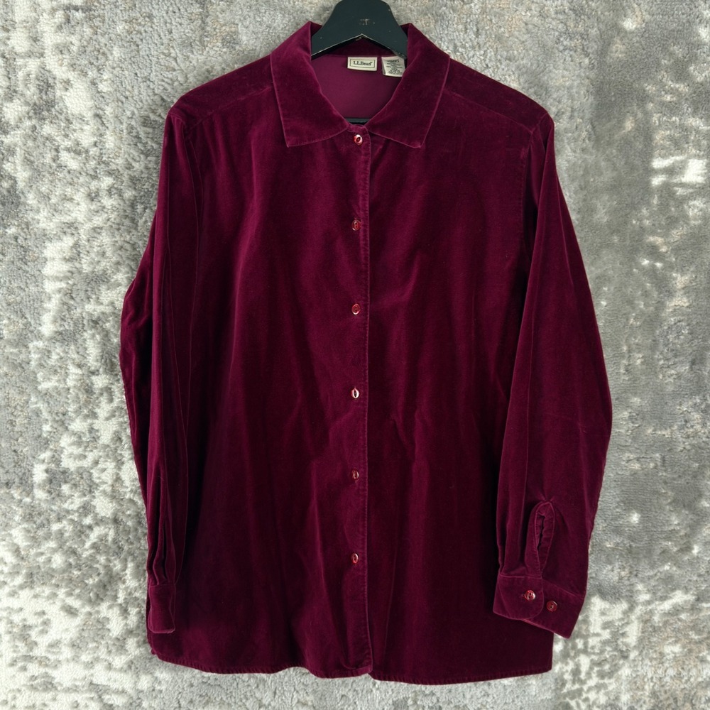 LL Bean Size M Velvet Casual Button Top Purple Long Sleeve Collar Cotton‎ Lined